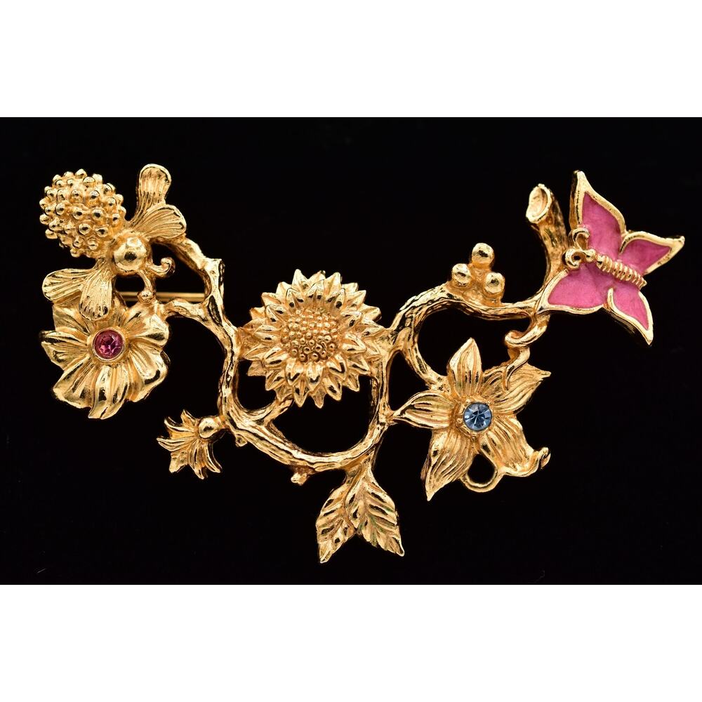 Avon Vintage Flower Butterfly Pin Brooch Gold Tone Pink Enamel Signed BinBP